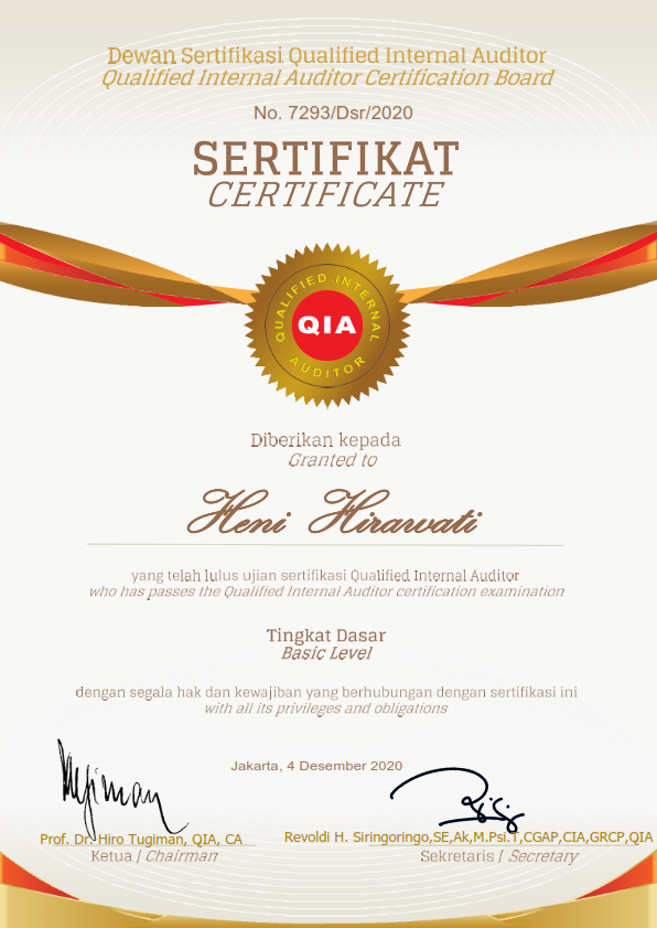 Selamat Kepada Sekretaris SPI “Heni Hirawati, S.E., M.M.” yang telah dinyatakan lulus sertifikasi Qualified Internal Auditor